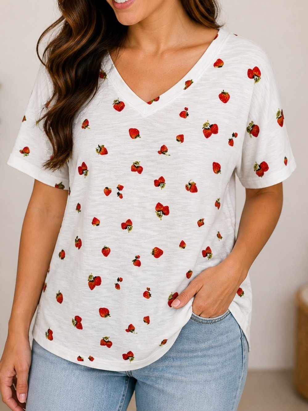 Old Navy White V-Neck Tee with Red Strawberry Motif